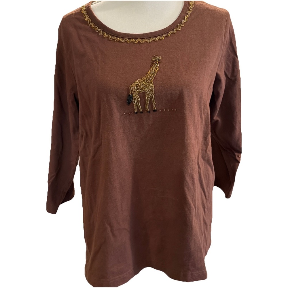 Vtg Quacker Factory Beaded Giraffe Shirt 3/4 Sleeve‎ Animal Brown